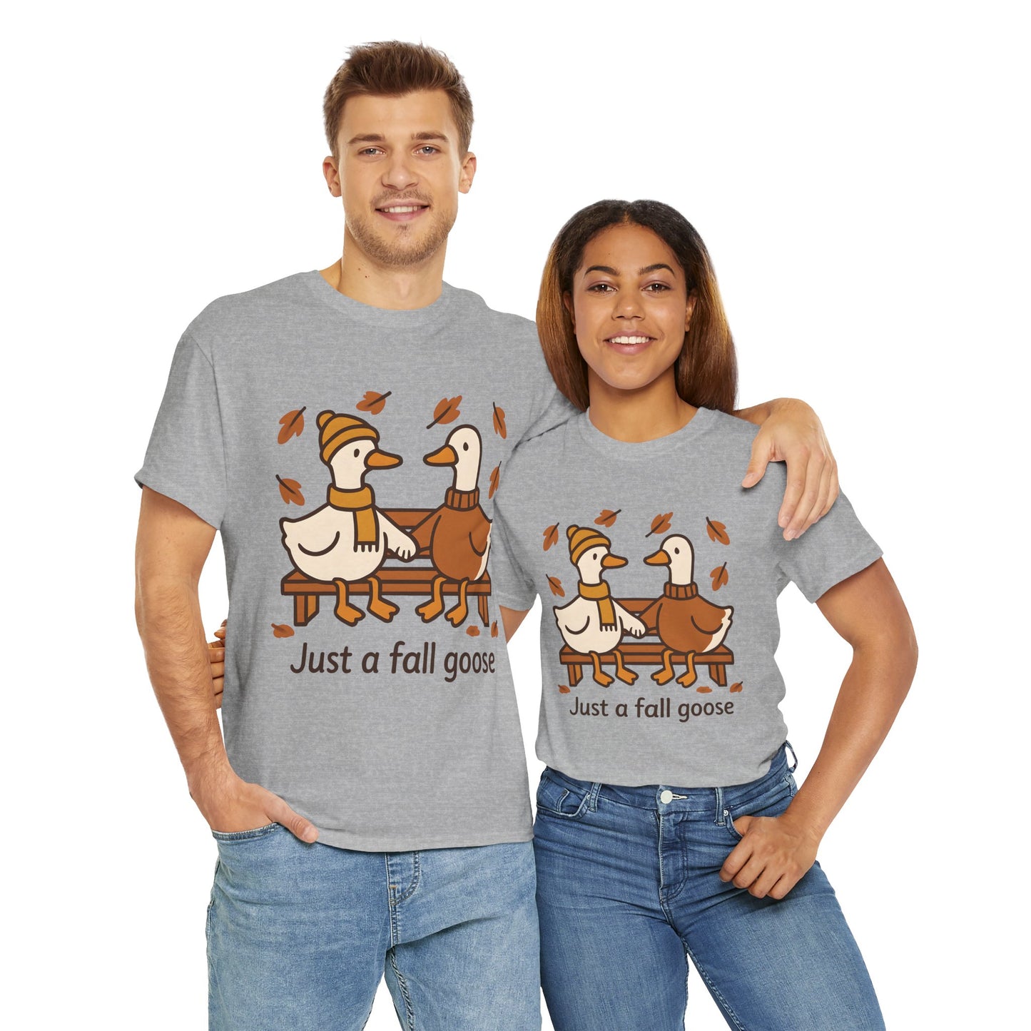 Fall Couple Goose Tee, Autumn-Themed Heavy Cotton Tee