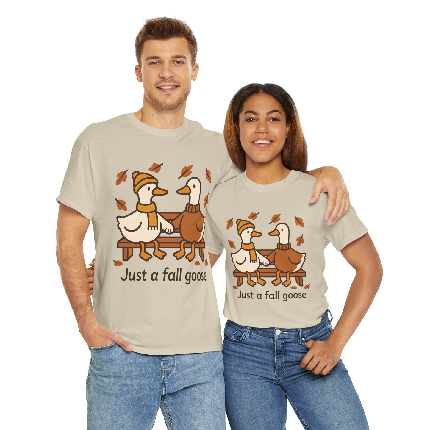 Fall Couple Goose Tee, Autumn-Themed Heavy Cotton Tee