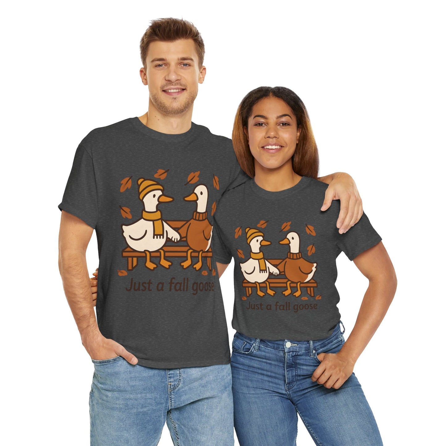 Fall Couple Goose Tee, Autumn-Themed Heavy Cotton Tee