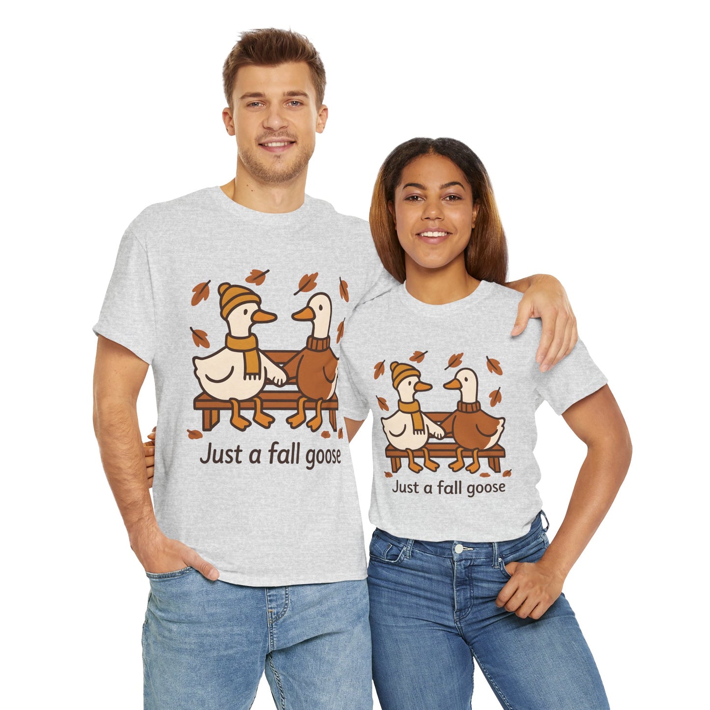 Fall Couple Goose Tee, Autumn-Themed Heavy Cotton Tee