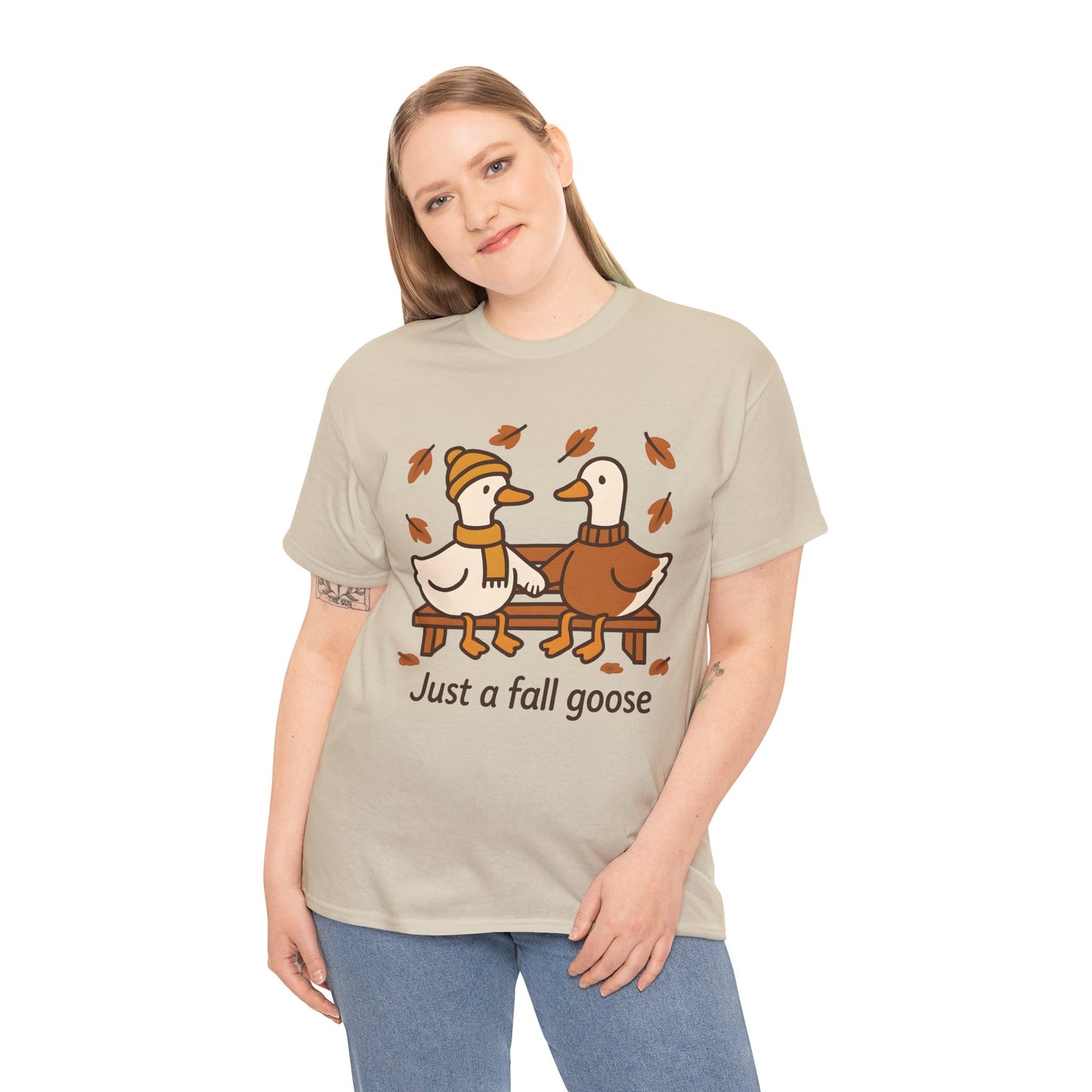 Fall Couple Goose Tee, Autumn-Themed Heavy Cotton Tee