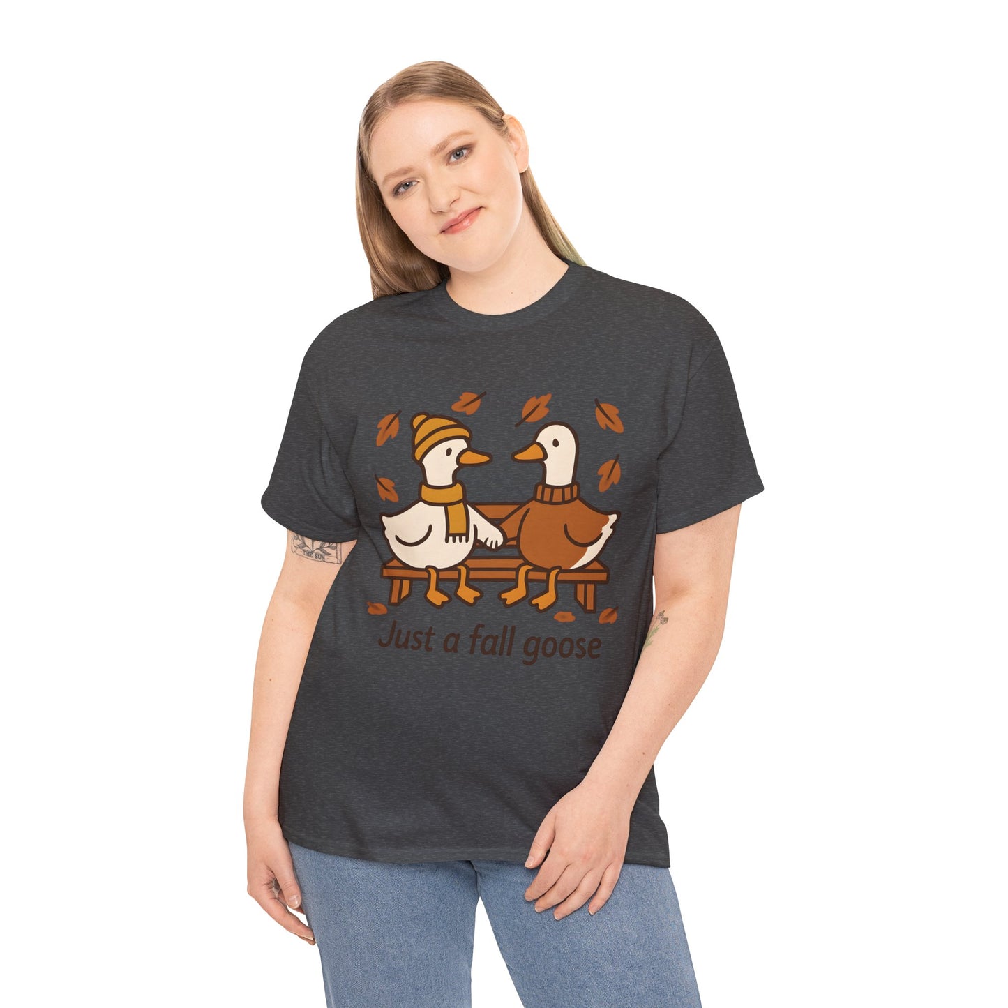Fall Couple Goose Tee, Autumn-Themed Heavy Cotton Tee