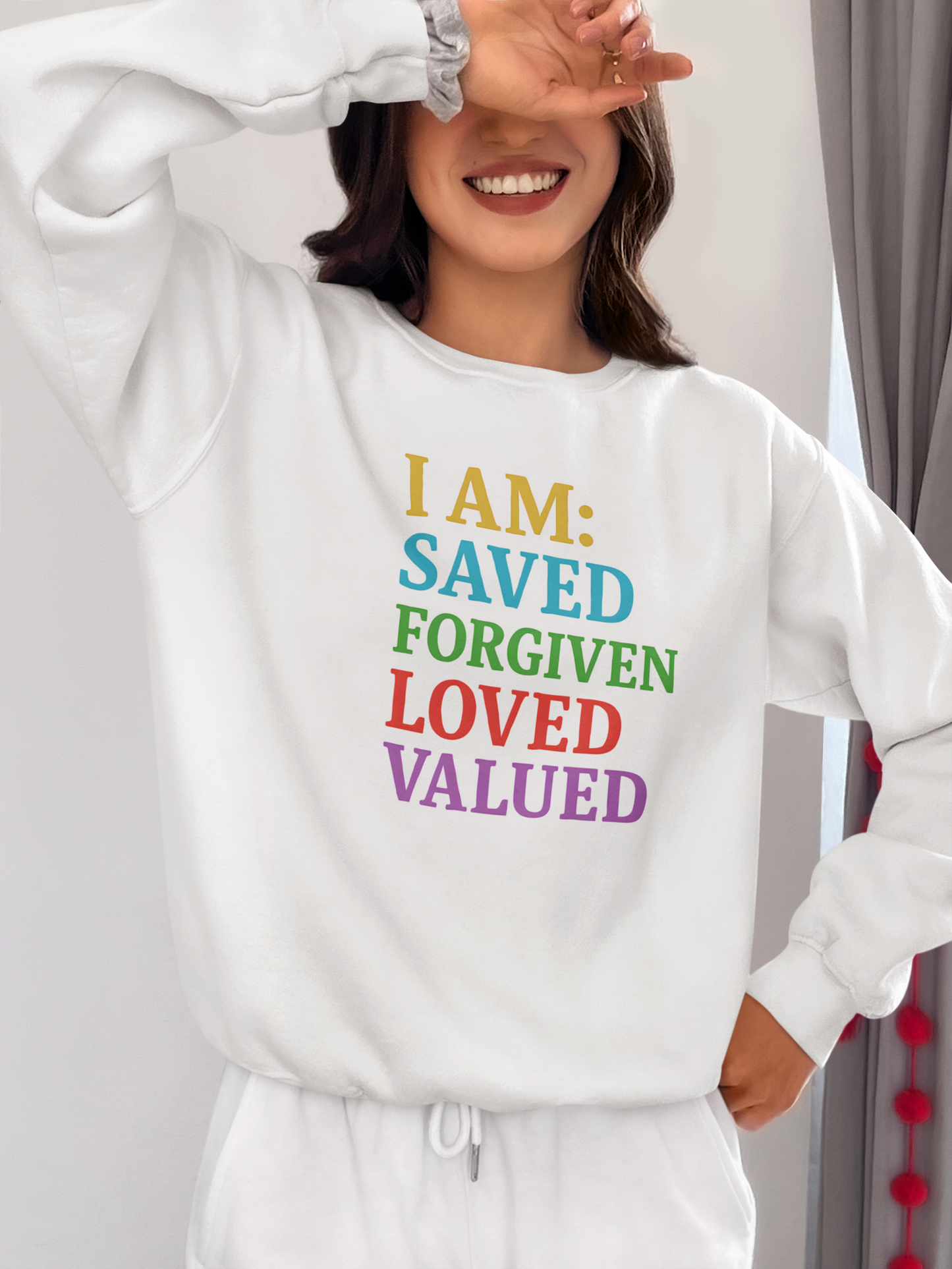 Inspirational Crewneck Sweatshirt - I AM: Saved, Forgiven, Loved, Valued