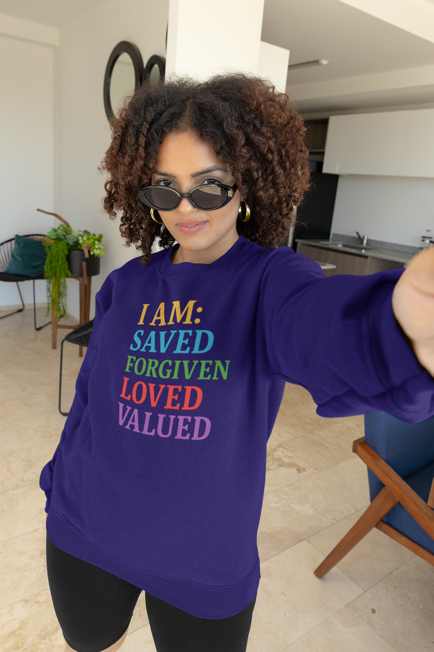 Inspirational Crewneck Sweatshirt - I AM: Saved, Forgiven, Loved, Valued