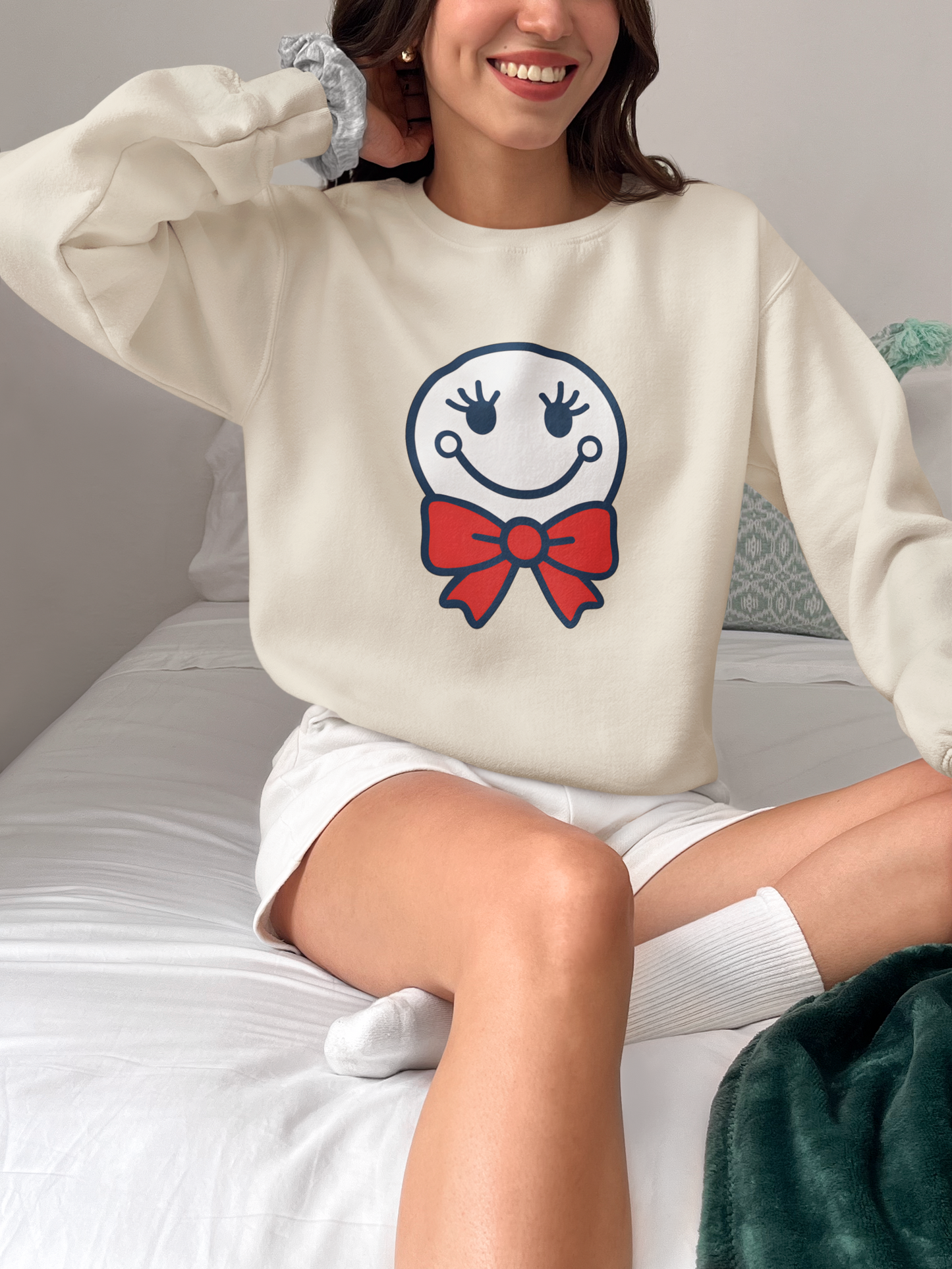 Cute Smiley with Red Croquet Bow Face Sweatshirt