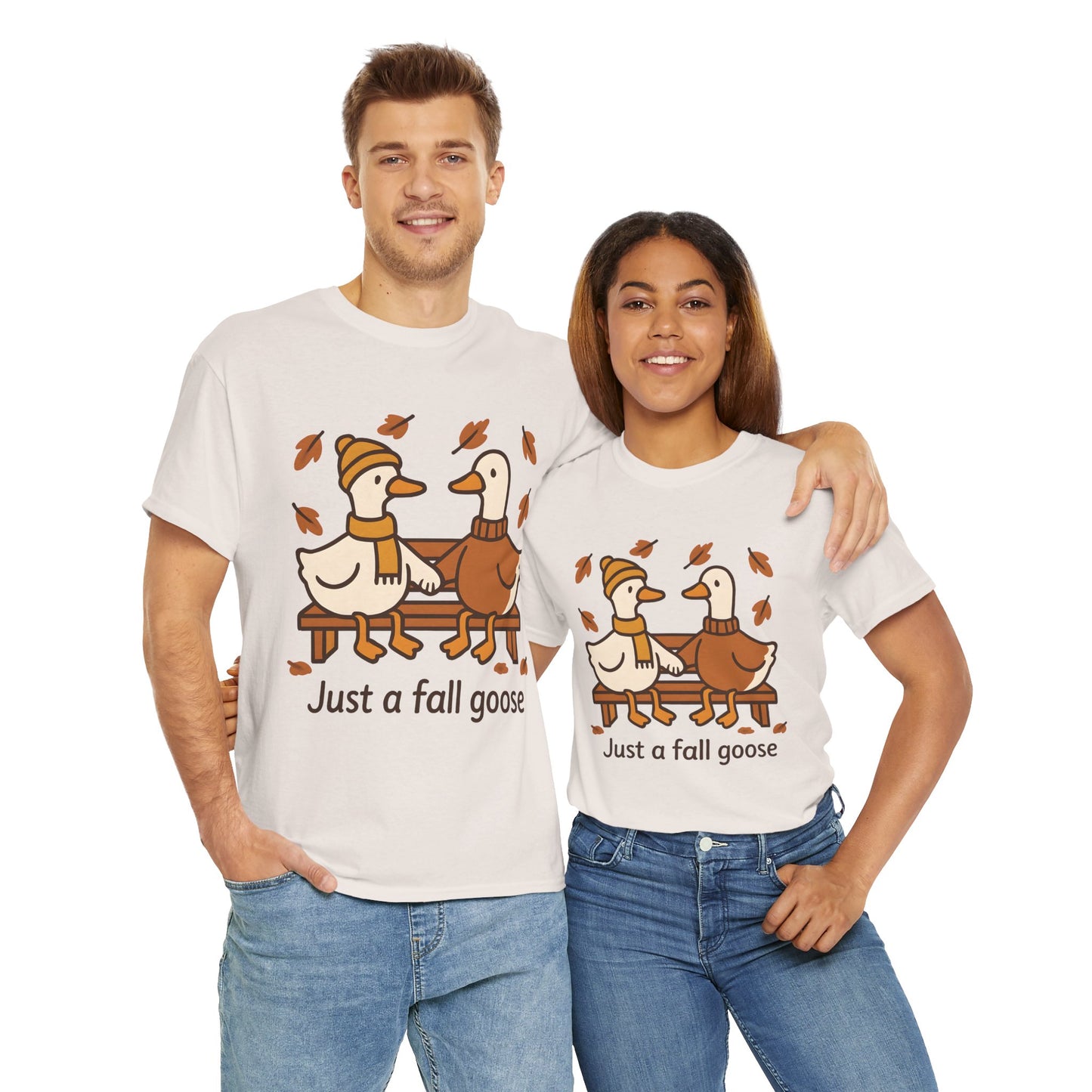 Fall Couple Goose Tee, Autumn-Themed Heavy Cotton Tee
