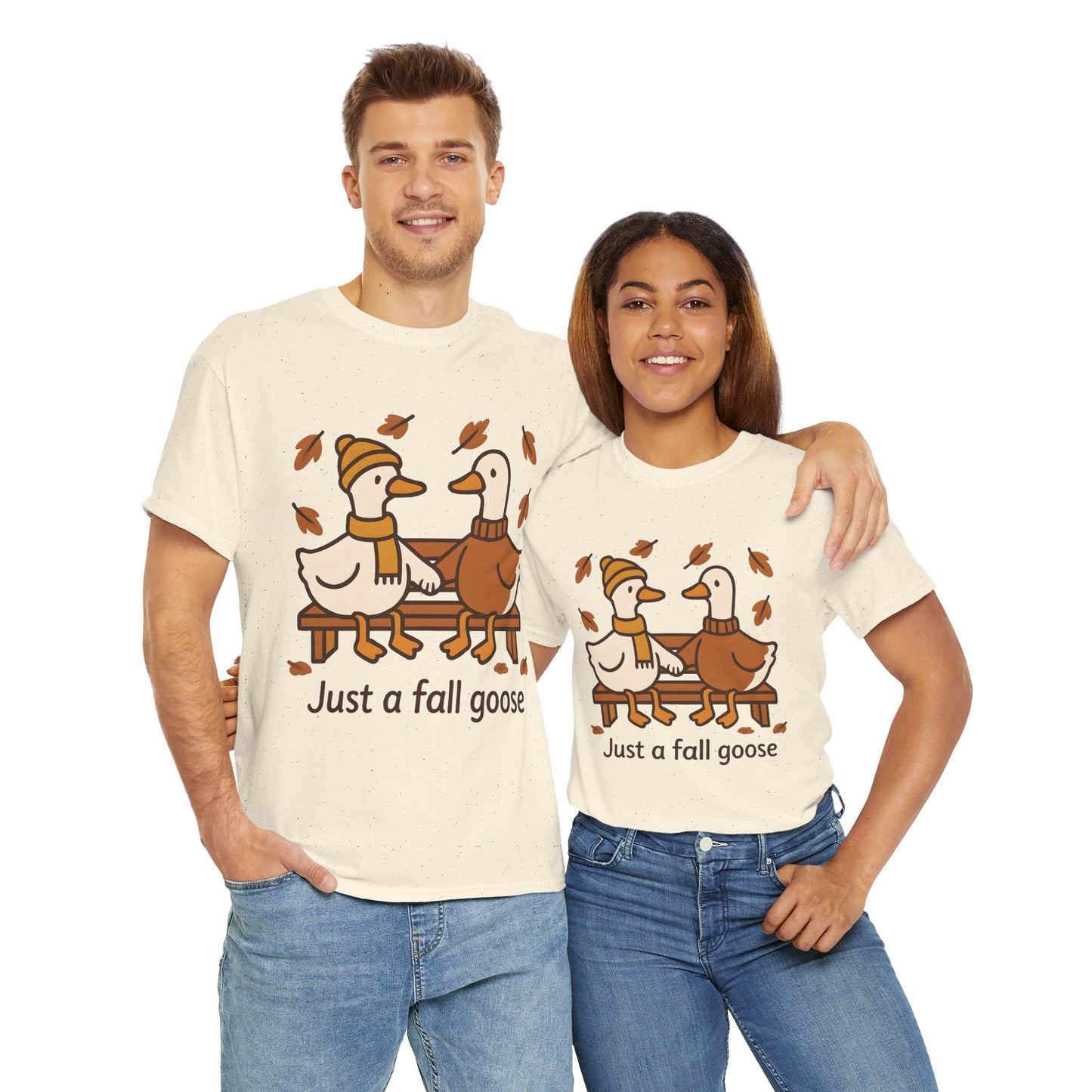 Fall Couple Goose Tee, Autumn-Themed Heavy Cotton Tee