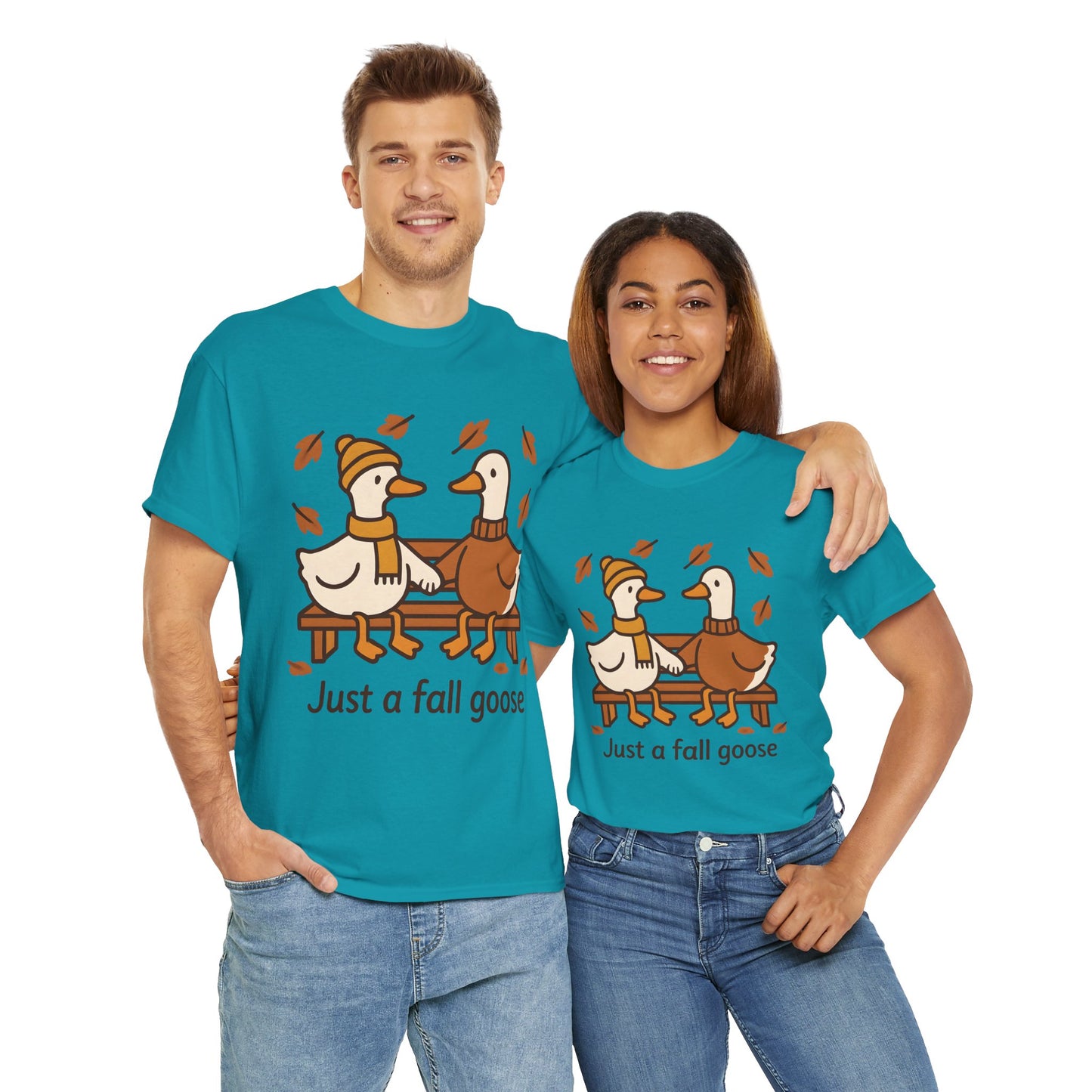 Fall Couple Goose Tee, Autumn-Themed Heavy Cotton Tee