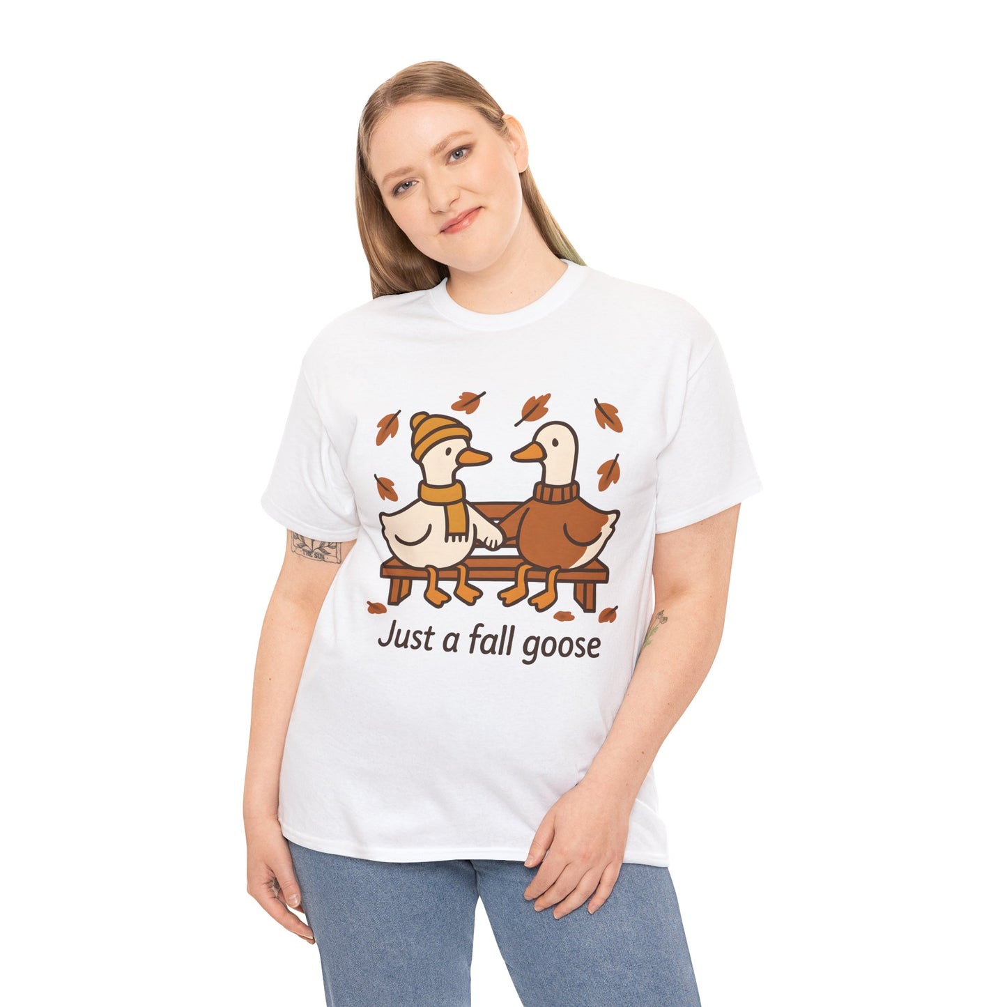 Fall Couple Goose Tee, Autumn-Themed Heavy Cotton Tee