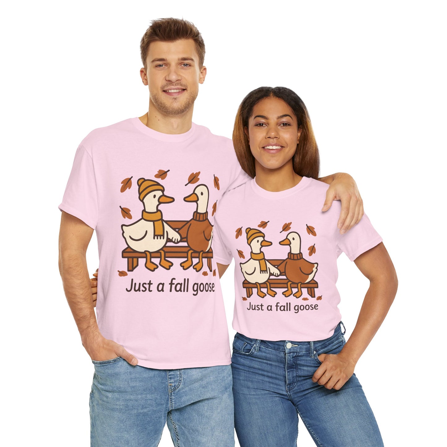 Fall Couple Goose Tee, Autumn-Themed Heavy Cotton Tee