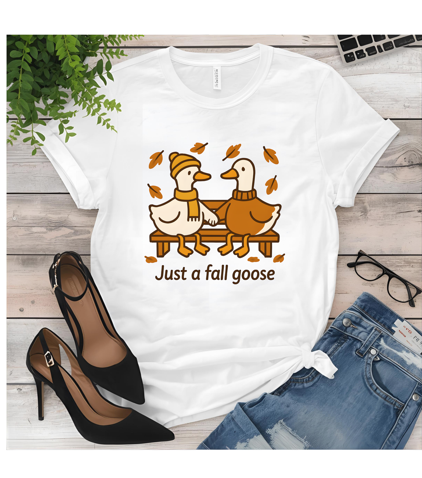 Fall Couple Goose Tee, Autumn-Themed Heavy Cotton Tee