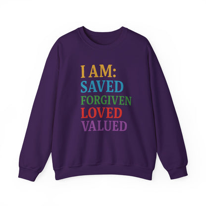 Inspirational Crewneck Sweatshirt - I AM: Saved, Forgiven, Loved, Valued