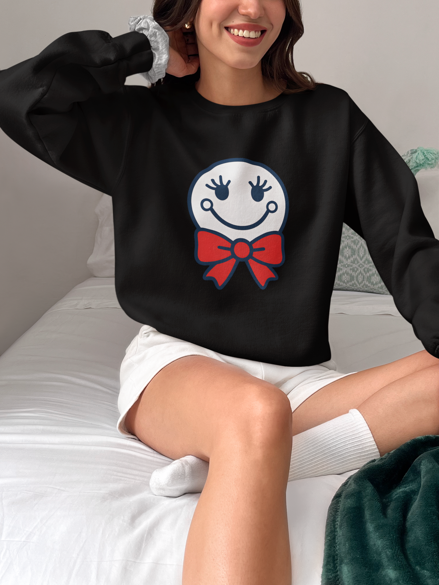Cute Smiley with Red Croquet Bow Face Sweatshirt